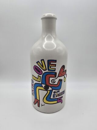 Ranieri Italian extra virgin olive oil in a white ceramic bottle with colorful pop art design for 2026 Food Awards USA.
