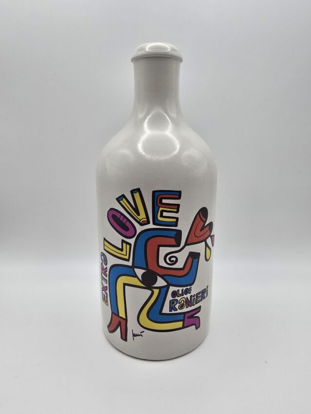 Ranieri Italian extra virgin olive oil in a white ceramic bottle with colorful pop art design for 2026 Food Awards USA.