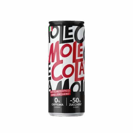 MoleCola Italian soda can with bold typography, 0% caffeine, and 50% less sugar, featured in Italian Food Awards USA.