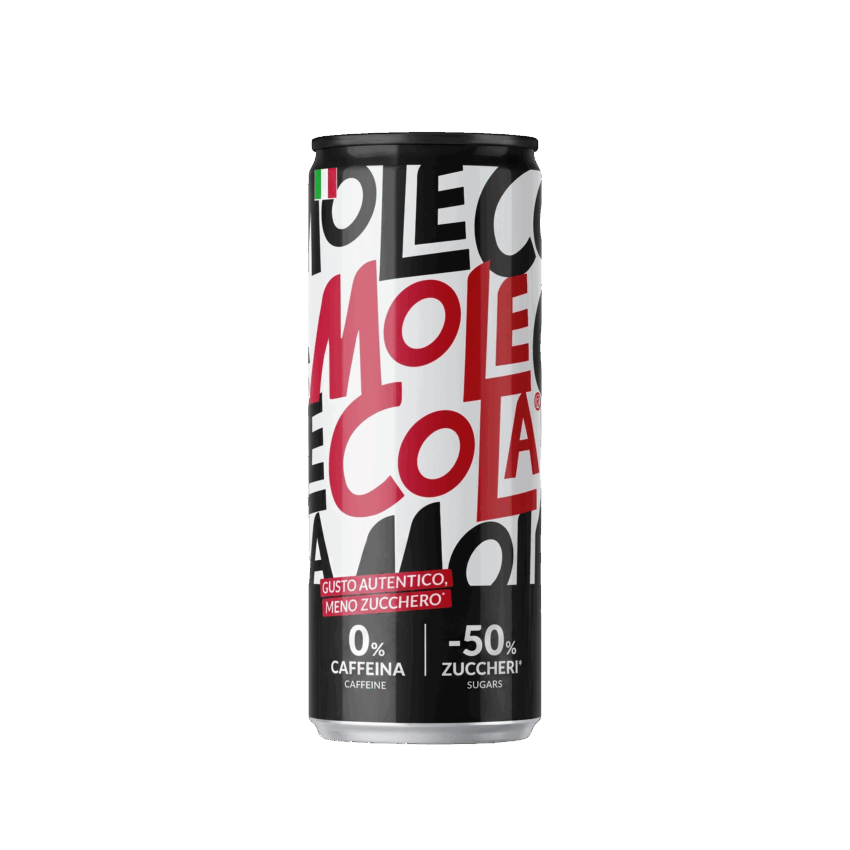 MoleCola Italian soda can with bold typography, 0% caffeine, and 50% less sugar, featured in Italian Food Awards USA.