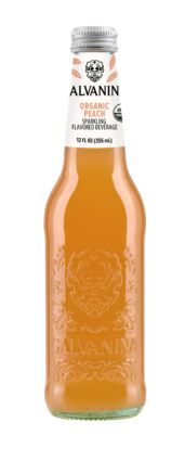 Galvanina organic peach sparkling beverage in a glass bottle, a finalist in the 2026 Italian Food Awards USA.