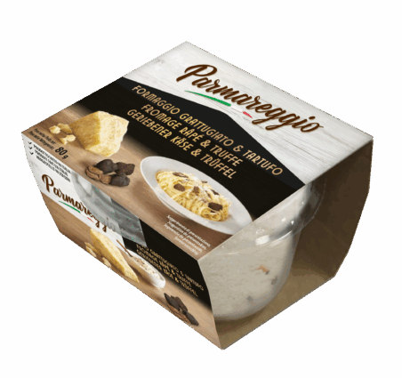 Parmareggio grated cheese with truffle, a 2026 Italian Food Awards USA finalist product in its 80g retail packaging.