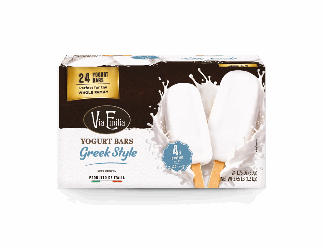 Via Emilia Greek Style Yogurt Bars box, a finalist in the 2026 Italian Food Awards USA, featuring 24 frozen yogurt bars.