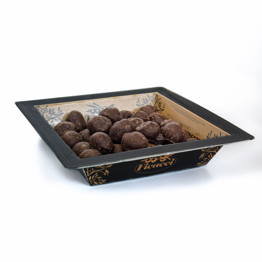 Ficacci branded tray filled with gourmet chocolate-covered olives, a finalist for the 2026 Italian Food Awards USA.