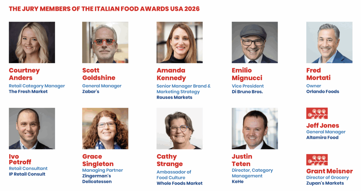 Headshots and names of the jury members for the Italian Food Awards USA 2026, featuring industry leaders and experts.