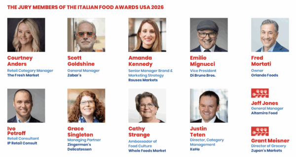 Headshots and names of the jury members for the Italian Food Awards USA 2026, featuring industry leaders and experts.