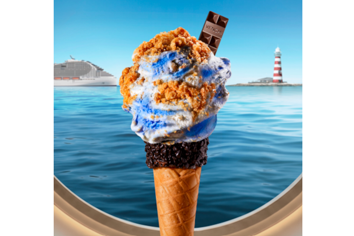 Venchi gelato cone with chocolate and cookie topping, viewed through a cruise ship porthole with a ship and lighthouse.