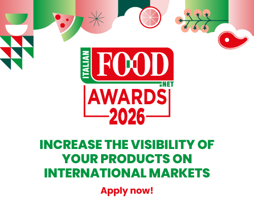 Italian Food Net Awards 2026 banner promoting international product visibility with food icons and an Apply Now call.