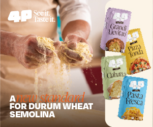 4P See it Taste it durum wheat semolina banner with hands crumbling flour and four product packs: Lievitati, Pizza Tonda, Ciabatta, Pasta Fresca.