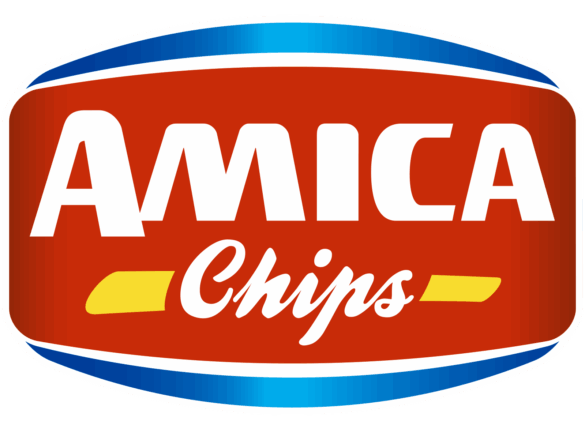 Amica Chips logo with white text on red oval, blue borders, and yellow accents, representing Ortolana Chips by Amica Chips.