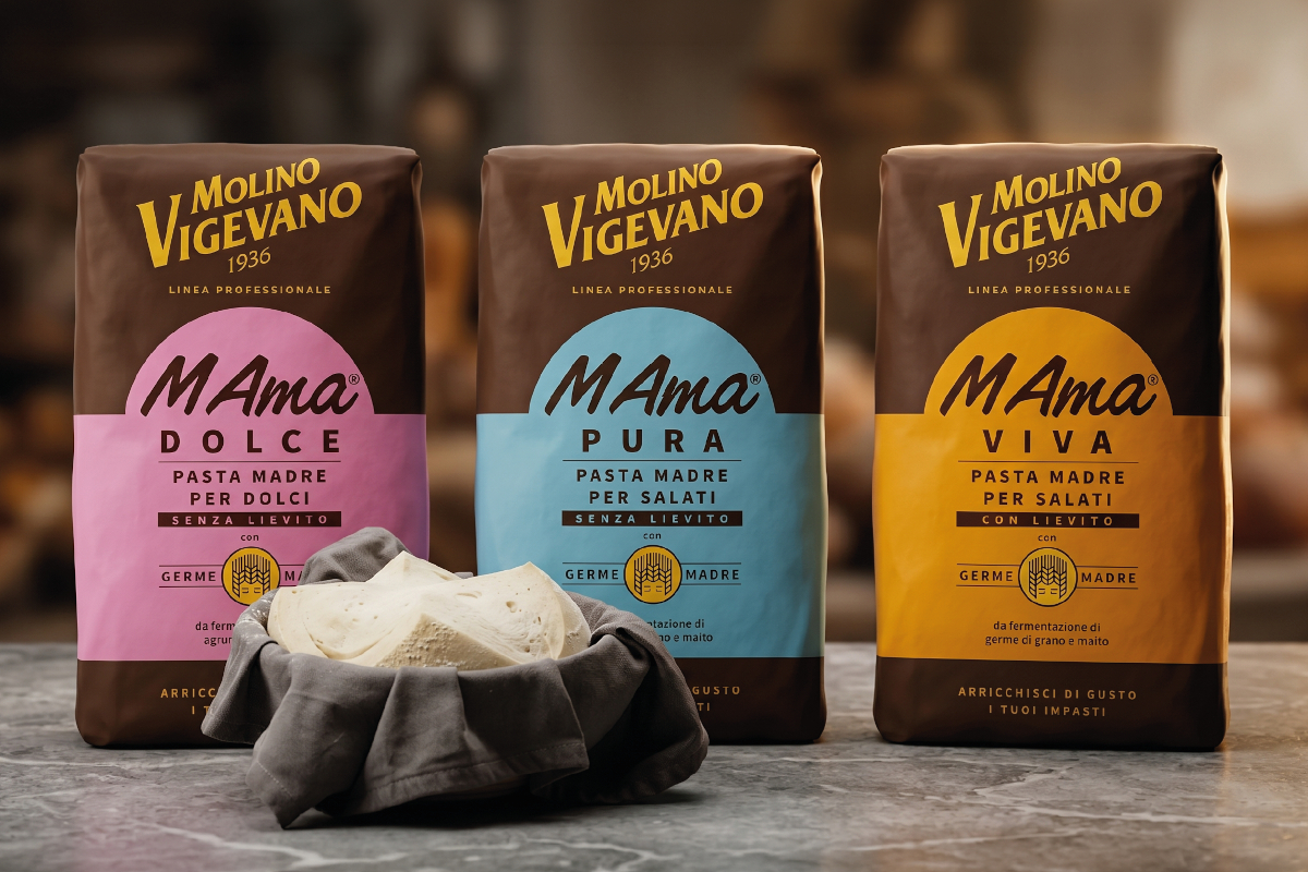 Molino Vigevano Mama pasta madre yeast packets: Dolce, Pura, Viva for baking, with fresh yeast in cloth on marble.