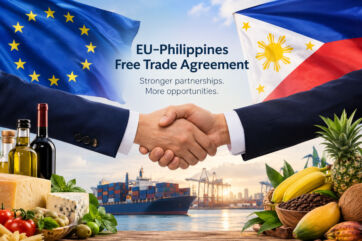 Handshake over EU and Philippines flags, Italian food, and shipping port symbolizing the EU-Philippines Free Trade Agreement.