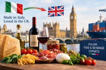 Italian food exports to UK: Parmesan, wine, pasta, tomatoes, mozzarella, prosciutto, olive oil, London skyline, shipping containers.