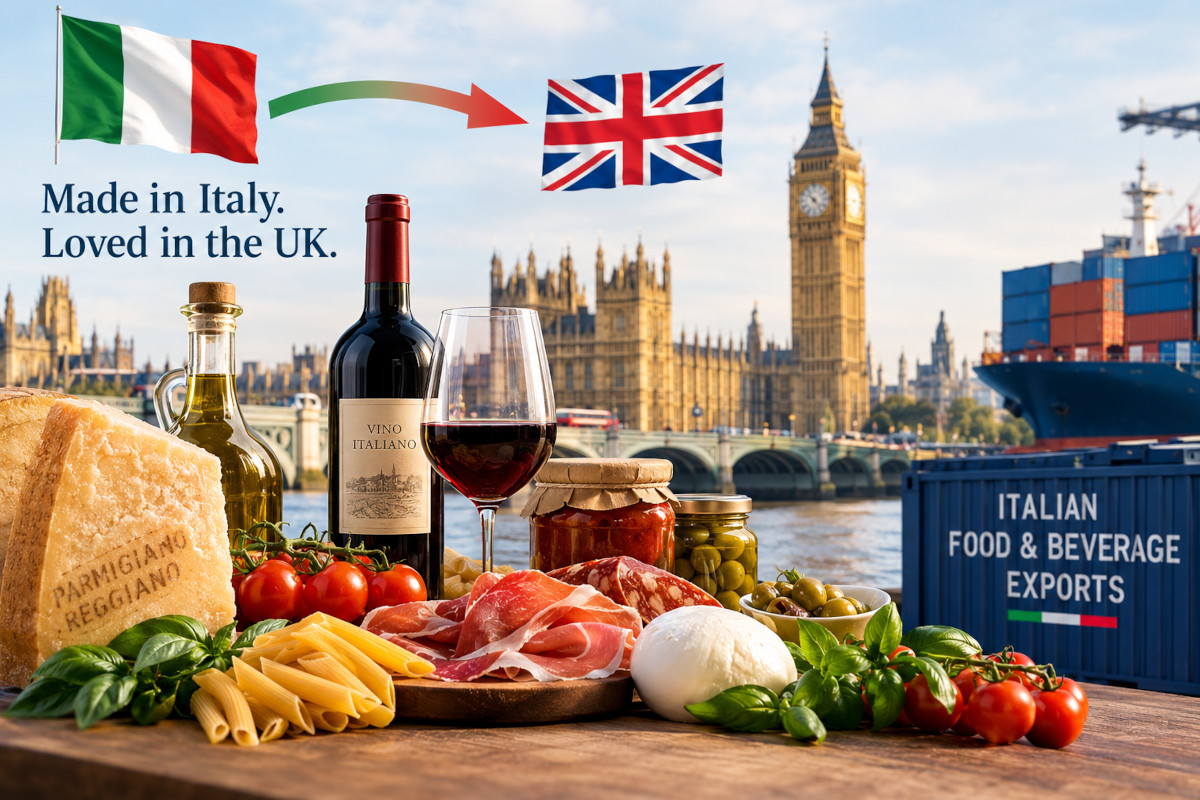 Italian food exports to UK: Parmesan, wine, pasta, tomatoes, mozzarella, prosciutto, olive oil, London skyline, shipping containers.