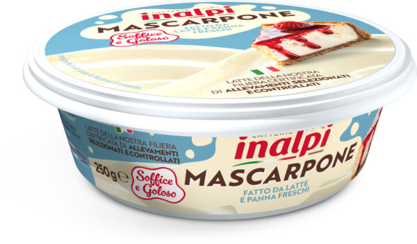 Inalpi Mascarpone 250g tub with creamy cheese and cake slice, Italian fresh milk and cream cheese packaging