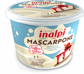 Inalpi Mascarpone 500g tub with creamy cheese texture and cheesecake slice with red berry topping