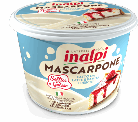 Inalpi Mascarpone 500g tub with creamy cheese texture and cheesecake slice with red berry topping