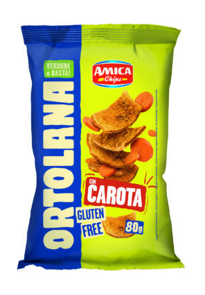 Amica Chips Ortolana carrot chips 80g bag with gluten-free label and vegetable chips graphic.