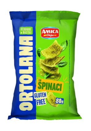 Amica Chips Ortolana spinach chips 80g bag with gluten-free label and green packaging.