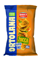 Amica Chips Ortolana pumpkin and rosemary chips bag, gluten-free vegetable snack, 80g pack with pumpkin slices.