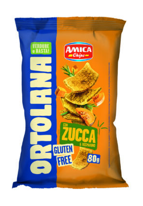 Amica Chips Ortolana pumpkin and rosemary chips bag, gluten-free vegetable snack, 80g pack with pumpkin slices.