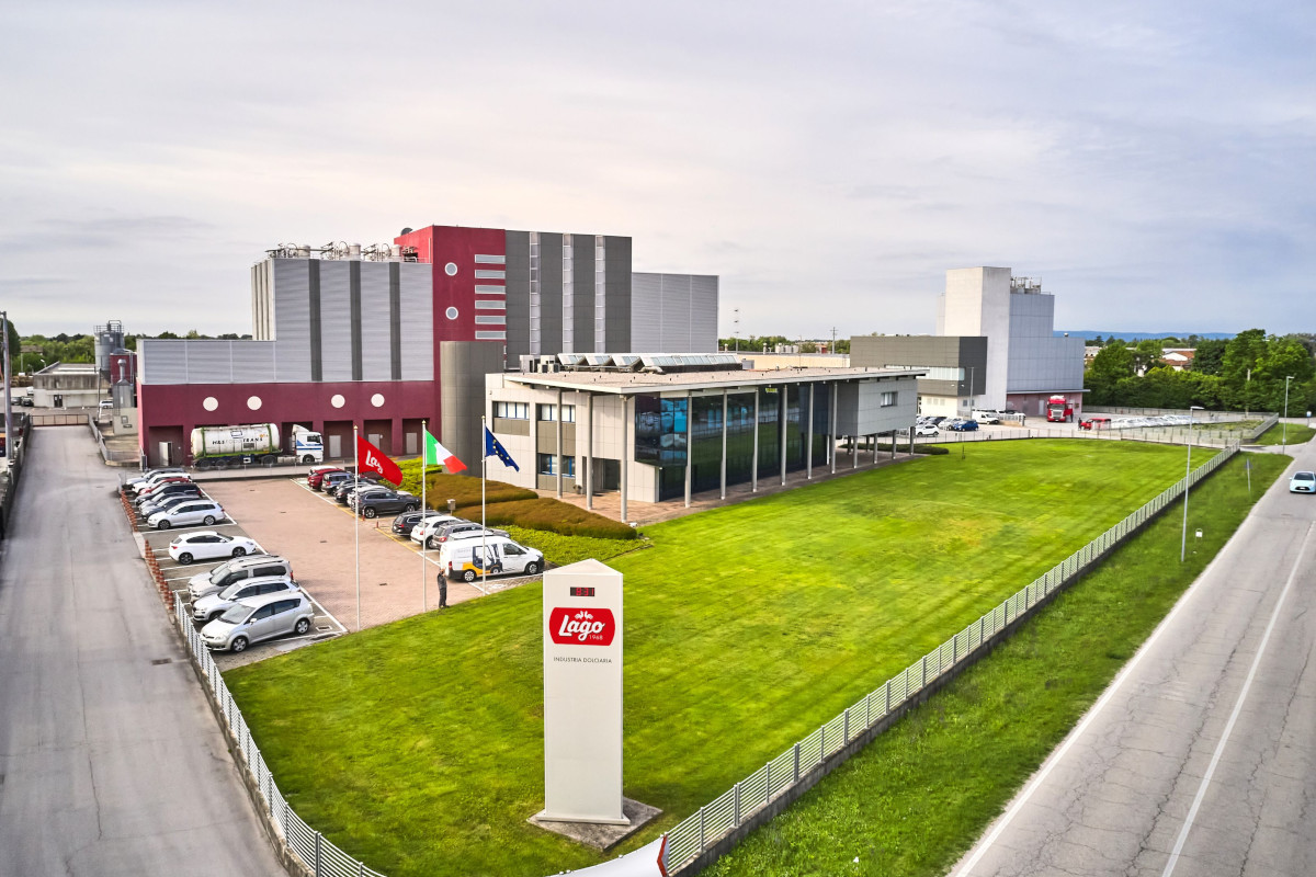 Lago Group's Galliera Veneta facility in Padua, Italy, showcasing its industrial plant and international presence in China and the US.