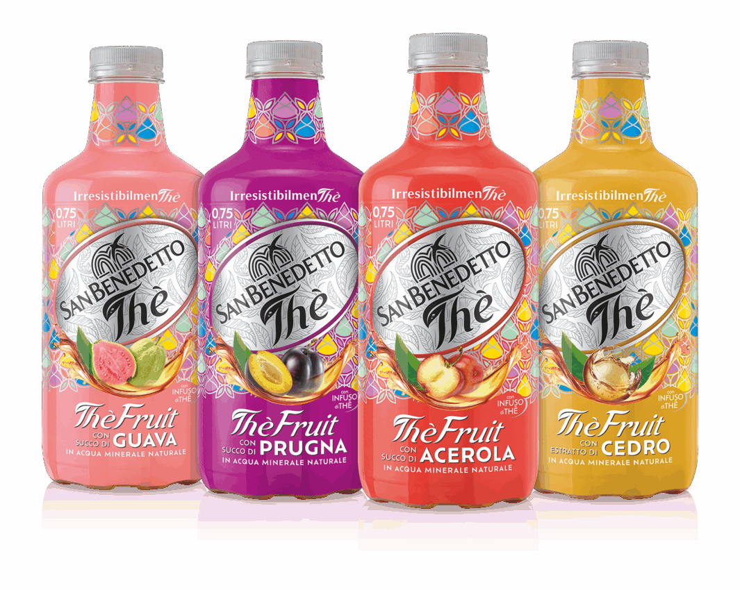 San Benedetto The Fruit iced teas: Guava, Plum, Acerola, Cedar. Italian Food Awards 2026 finalist drinks.