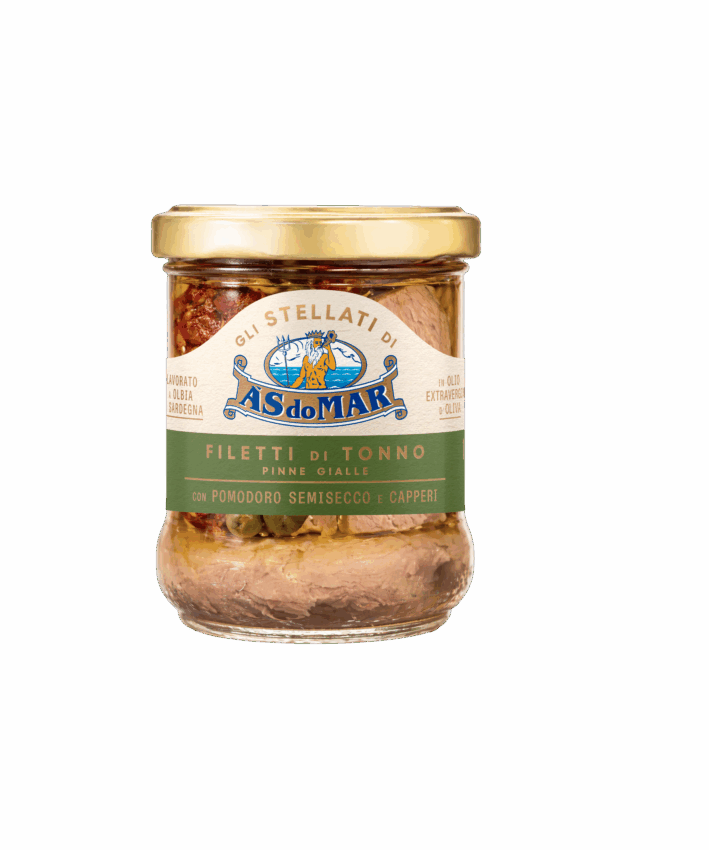 As do Mar yellowfin tuna fillets in olive oil with semi-dried tomatoes and capers, Italian Food Awards 2026 finalist jar.