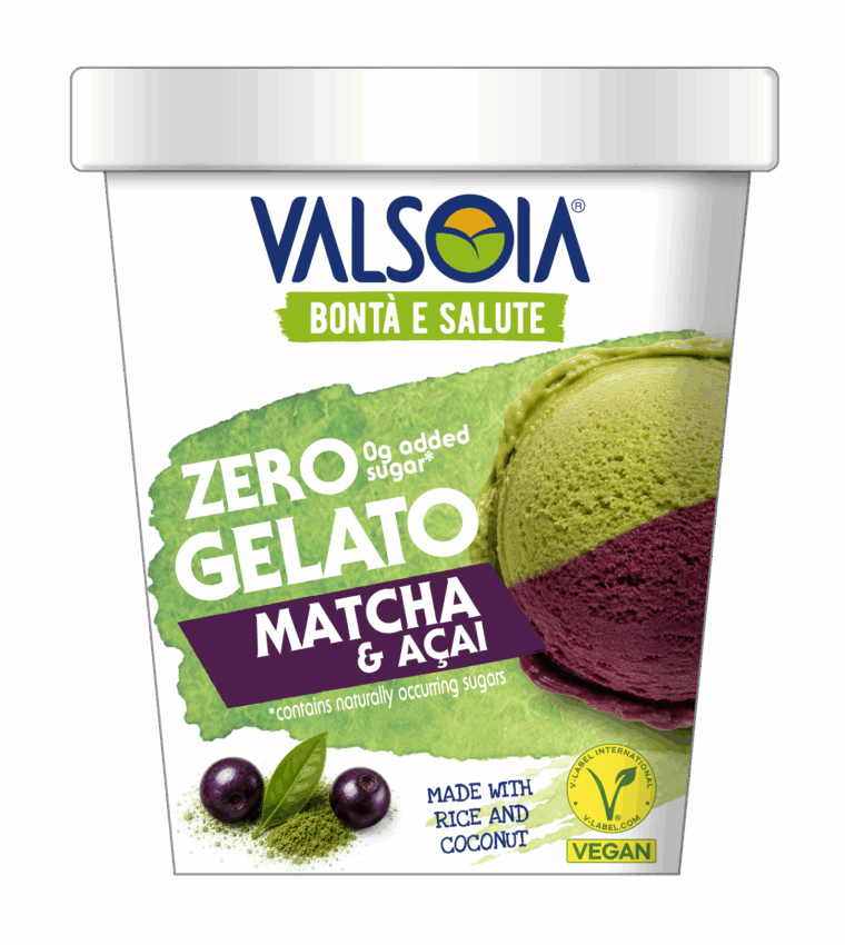 Valsoia Zero Gelato Matcha & Açaí vegan Italian food finalist tub with green and purple scoops.