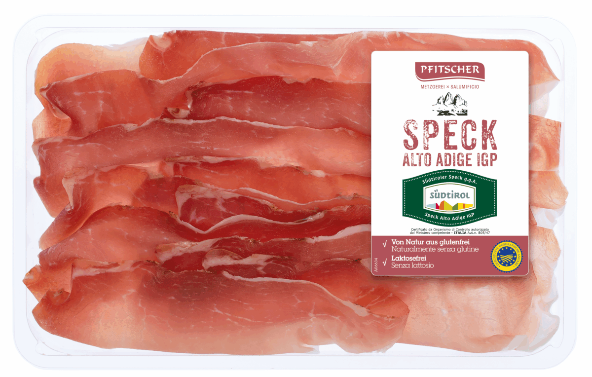 Sliced Pfitscher Speck Alto Adige IGP, gluten-free and lactose-free Italian food finalist at Italian Food Awards 2026.