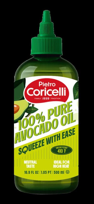 Pietro Coricelli 100% Pure Avocado Oil bottle with green cap, Italian Food Awards 2026 finalist product.