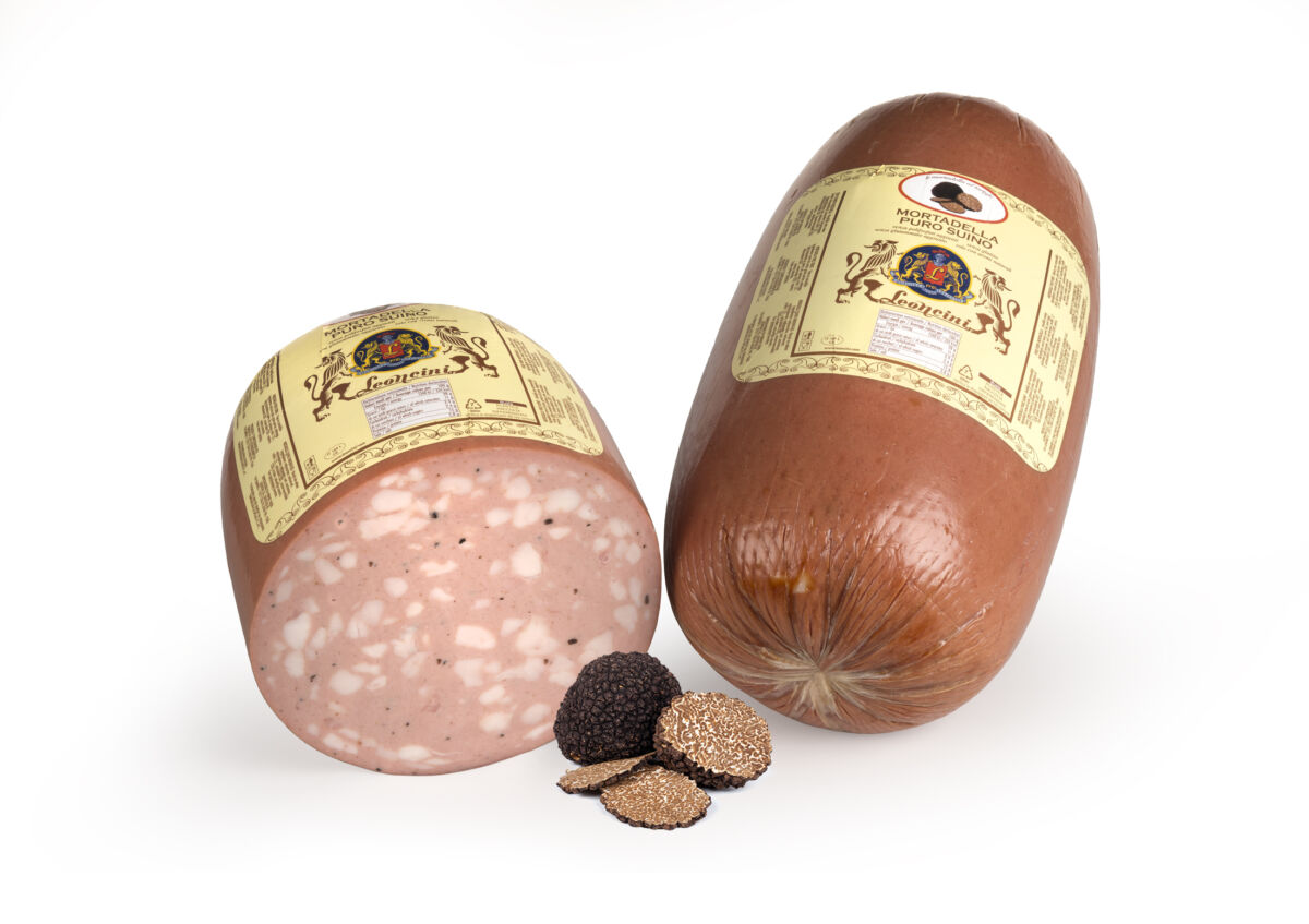 Italian Food Awards 2026 finalist: Leoncini mortadella with black truffles, sliced and whole, showcasing authentic Italian charcuterie.