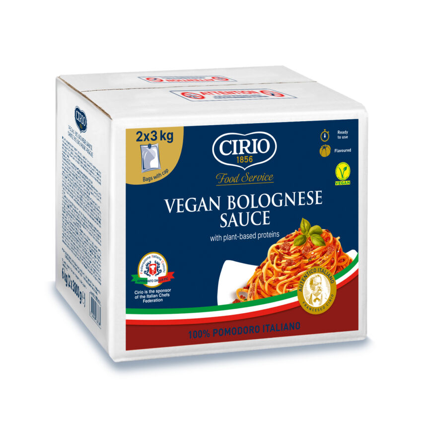 Cirio vegan bolognese sauce 2x3 kg box, Italian food finalist, plant-based proteins, 100% Pomodoro Italiano.