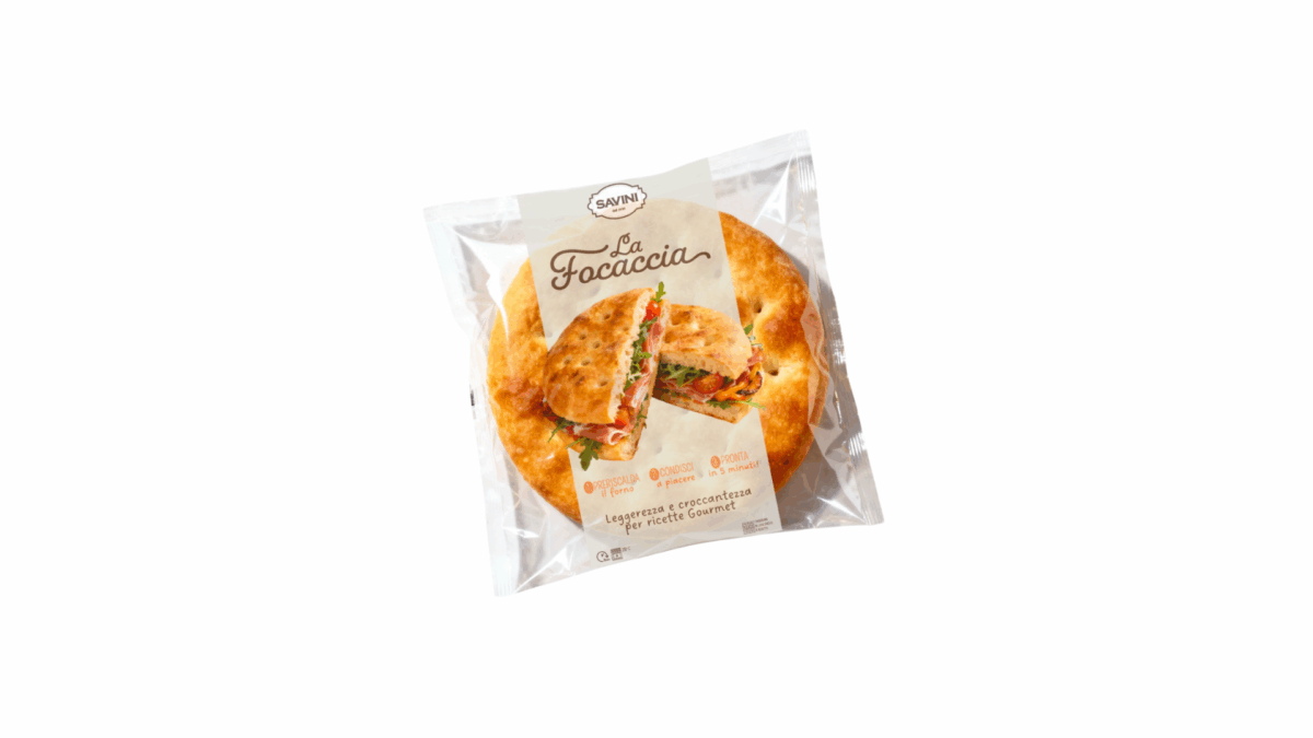Savini La Focaccia filled with vegetables, Italian Food Awards 2026 finalist product packaging.