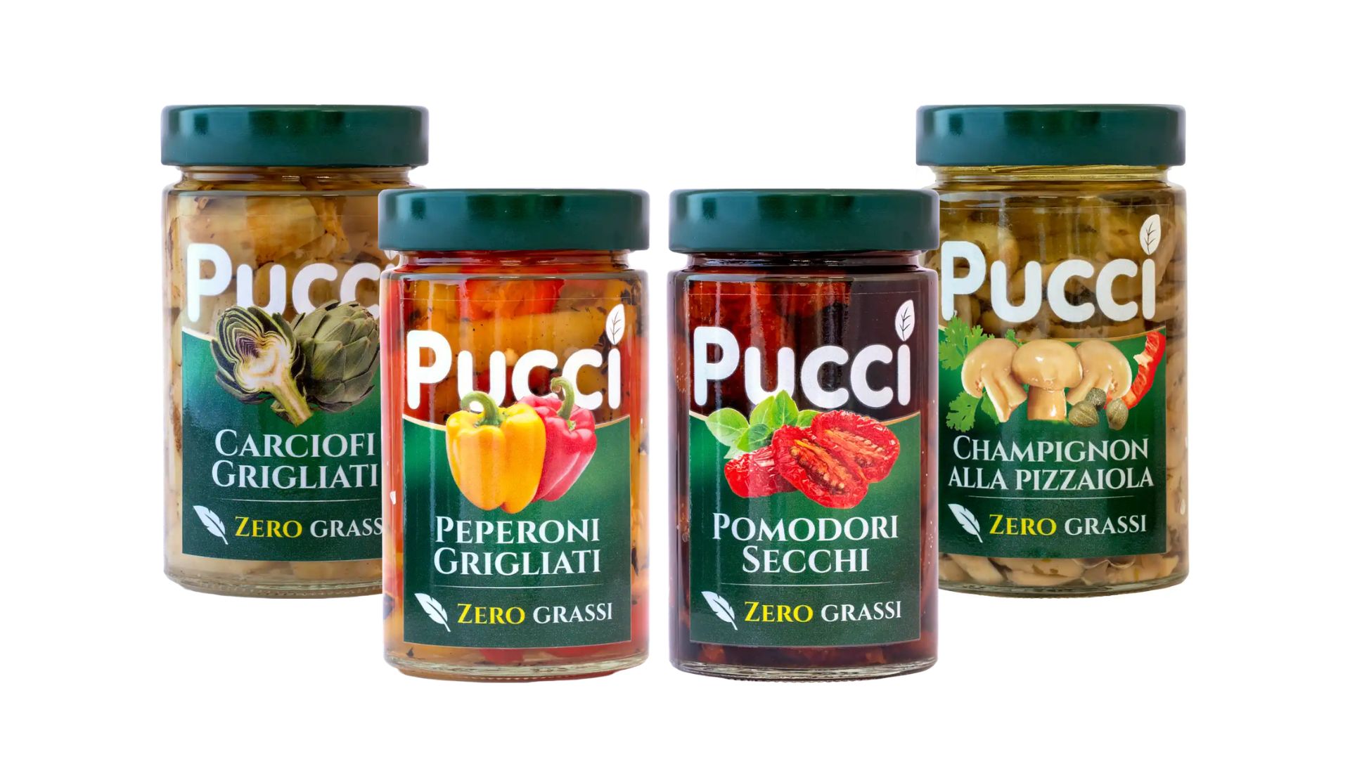 Pucci Italian Food Awards 2026 finalist jars: grilled artichokes, peppers, dried tomatoes, and mushrooms.