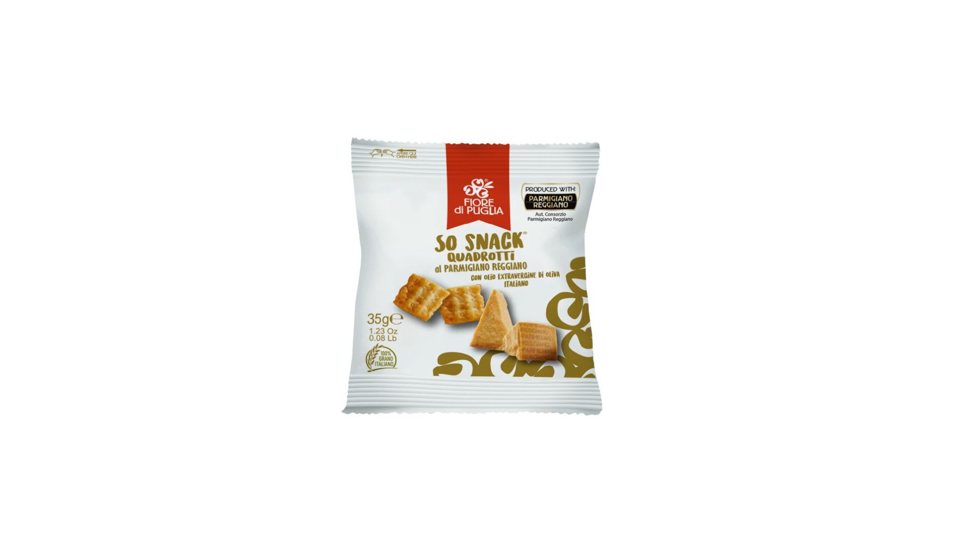 So Snack Quadrotti Parmigiano Reggiano snack pack by Delizia, Italian Food Awards 2026 finalist, 35g.