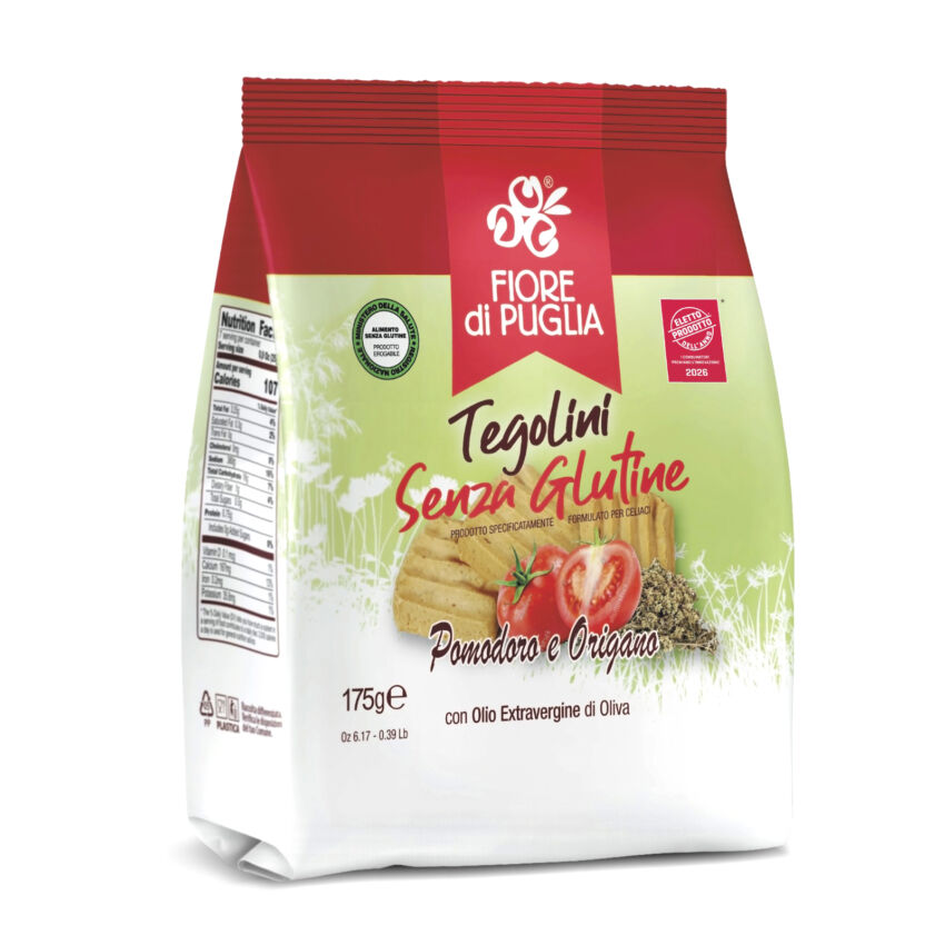 Fiore di Puglia gluten-free Tegolini tomato and oregano Italian food product packaging, finalist at Italian Food Awards 2026.