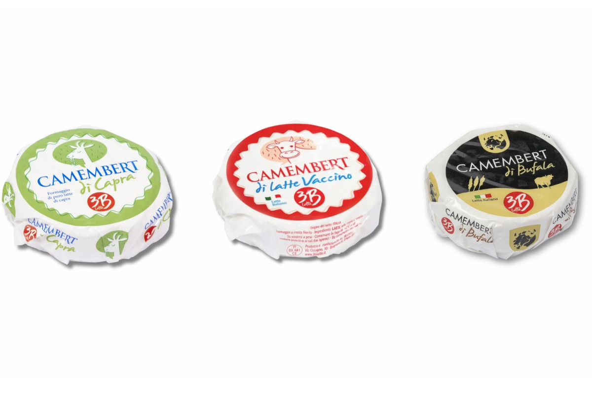Three Linea Camembert cheese of Auricchio wheels in different packaging: green, red, and black labels.