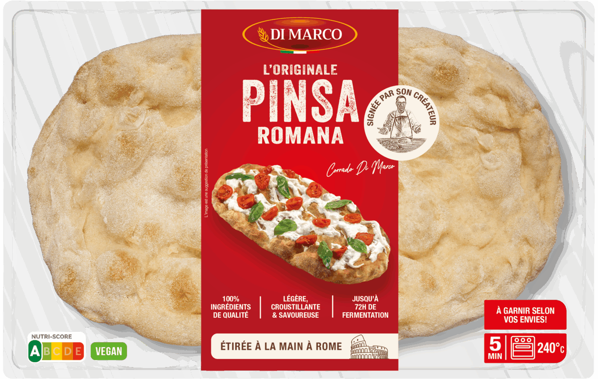 Di Marco Pinsa Romana packaging: Italian Food Awards 2026 finalist, vegan, 100% quality ingredients.