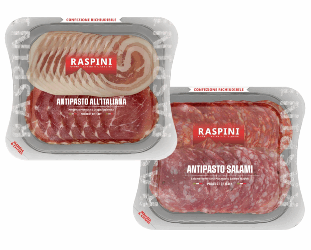 Raspini Italian cold cuts packaging: Antipasto all'Italiana and Antipasto Salani, finalists at Italian Food Awards 2026.