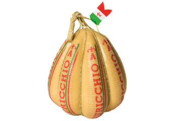 Yellow Auricchio Provolone cheese with red Auricchio text and Italian flag label.