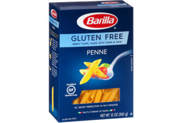 Barilla Gluten Free Penne pasta box with Italy-focused labeling, shown in US class action lawsuit over pasta packaging.