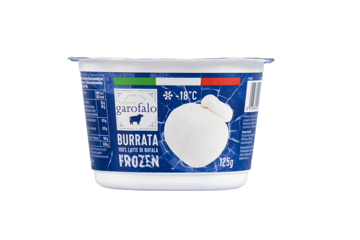 Frozen Burrata cheese 125g tub by Fattorie Garofalo, blue packaging with product label and Italian flag colors.