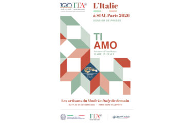 Italian Trade Agency at SIAL Paris 2026 poster with geometric design, 100 years logo, and TI AMO Made in Italy branding.