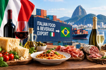 Italian food exports to Brazil via Mercosur: pasta, wine, cheese, prosciutto, shipping containers, Rio de Janeiro