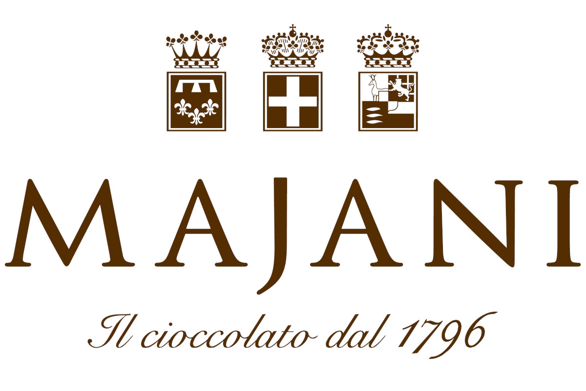 Majani chocolate logo with three heraldic crests, brown MAJANI text and tagline Il cioccolato dal 1796.