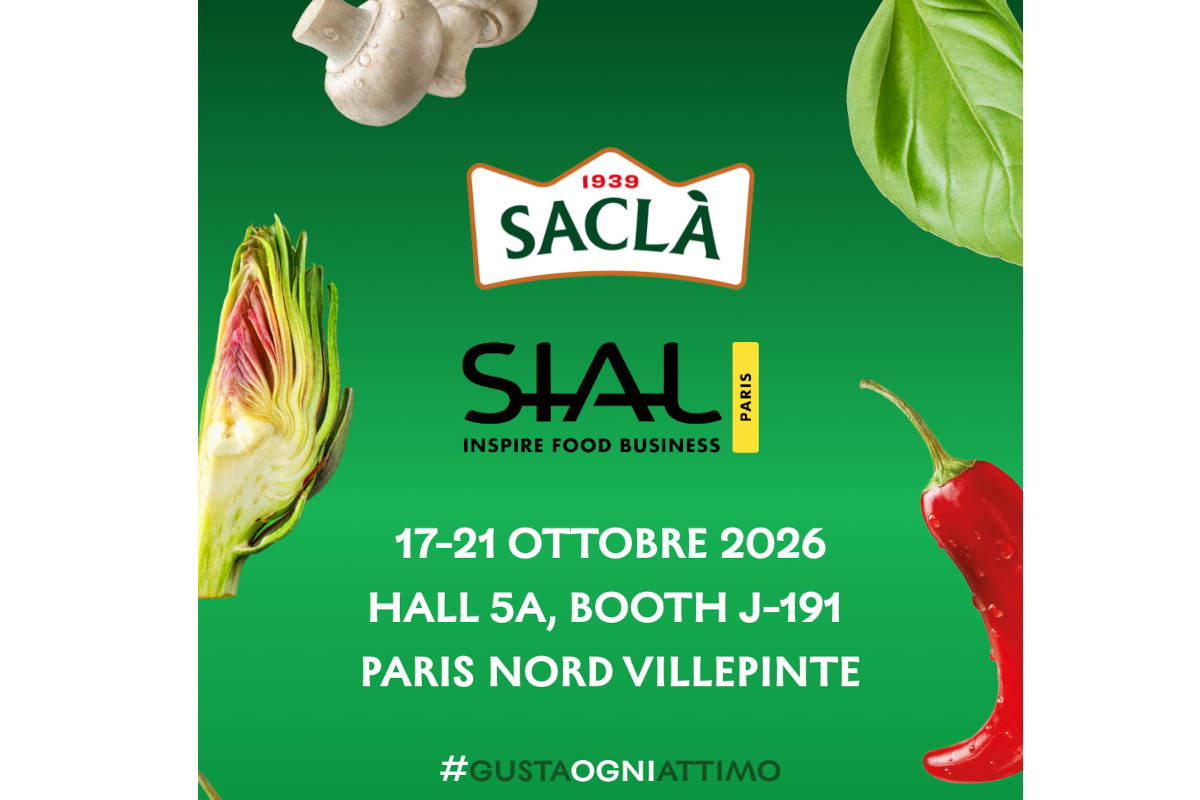 Saclà at SIAL Paris 2026: artichoke, garlic, basil and chili on green banner, Hall 5A Booth J-191 Villepinte.