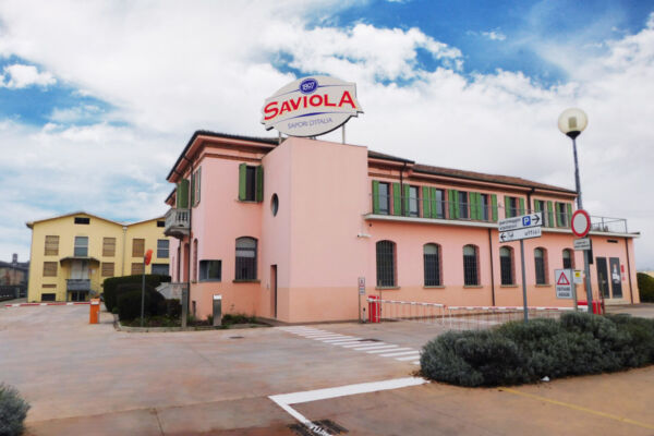 Saviola headquarters in San Giovanni in Croce, pink industrial building with Saviola sign, parking and offices. - Latteria Soresina