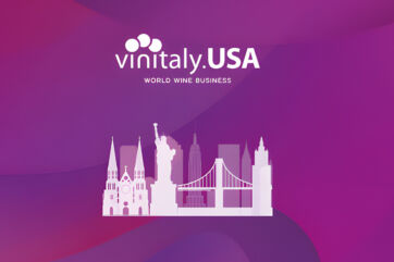 Vinitaly.USA 2026 New York City wine event graphic with Statue of Liberty and NYC skyline silhouette on purple background.