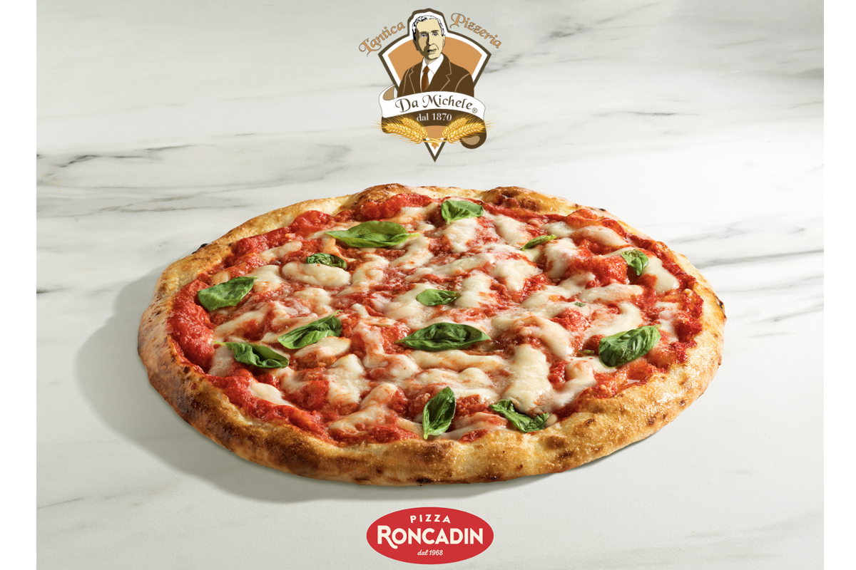 Freshly baked pizza with tomato sauce, mozzarella and basil on marble surface, Roncadin logo.